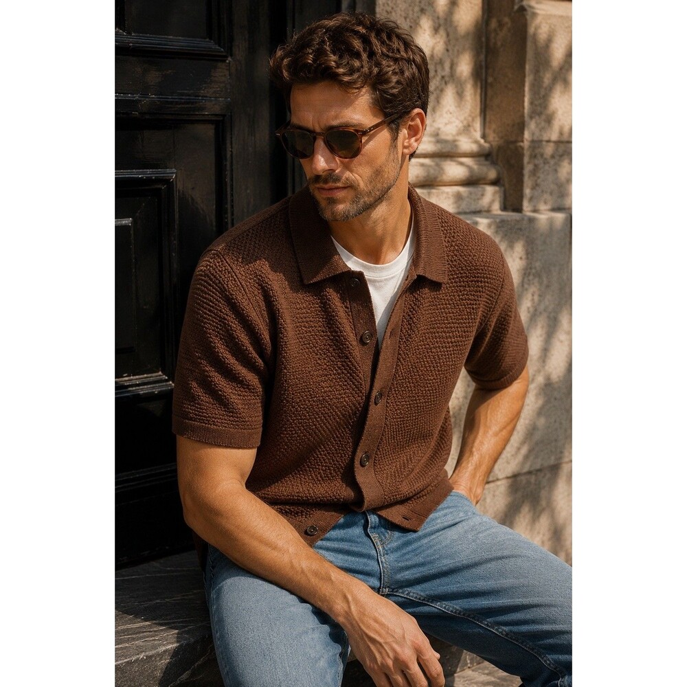 J Crew Polo Cardigan Men XS Brown Cotton Waffle Knit Short Sleeve Sweater CQ900